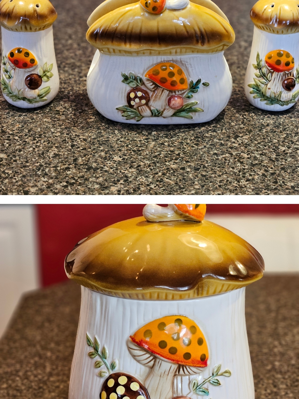 ~SOLD~Vintage Sears 1978 Merry Mushroom Canister,Napkin holder Salt/pep Shaker